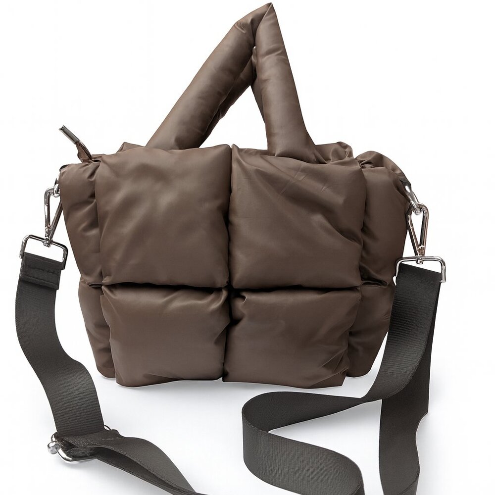 Brown Quilted Puffer Crossbody Bag – Water-Resistant Fabric, Removable Strap
